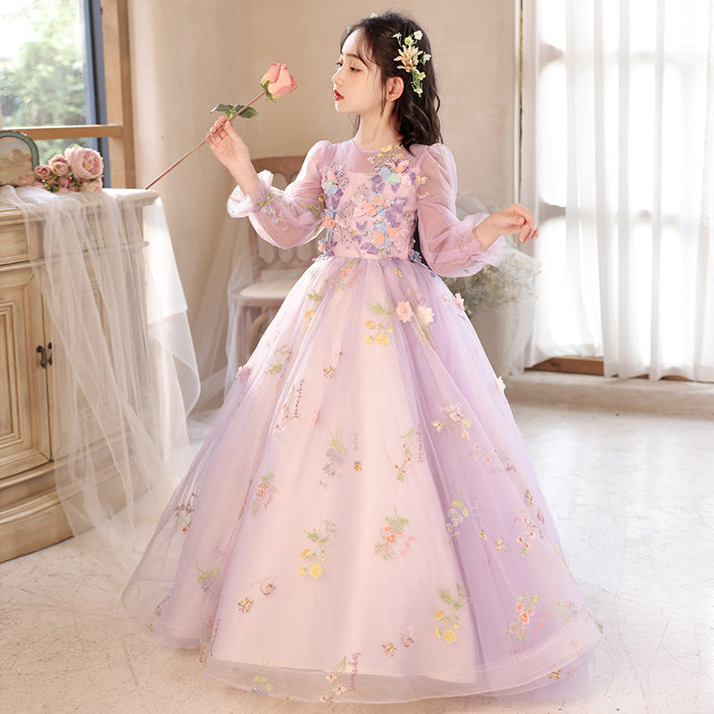 Princess Purple Birthday Dress For Girls: Luxurious Long-Sleeved Piano Performance Attire, Perfect For Spring Celebrations