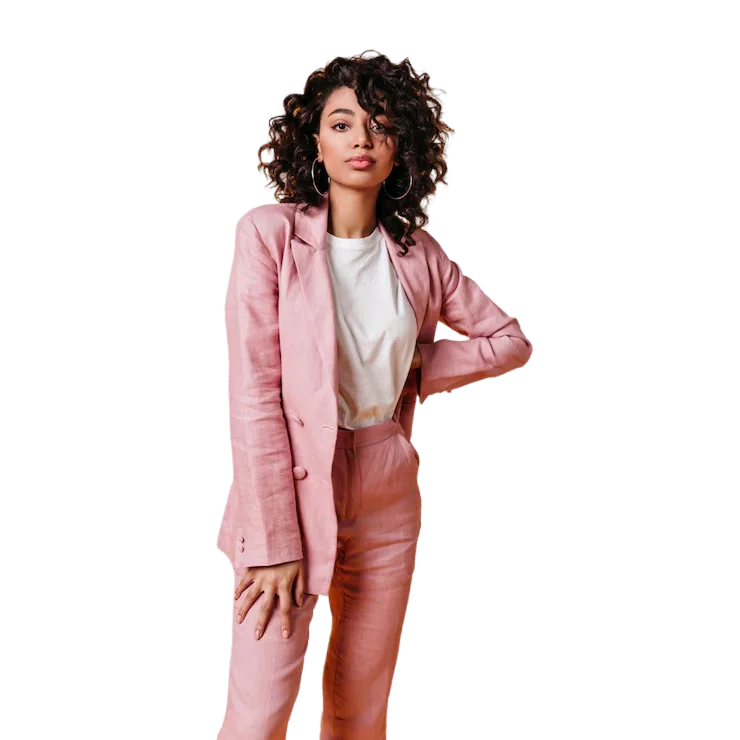 Woman wearing pink suit set with white shirt – women’s fashion collection