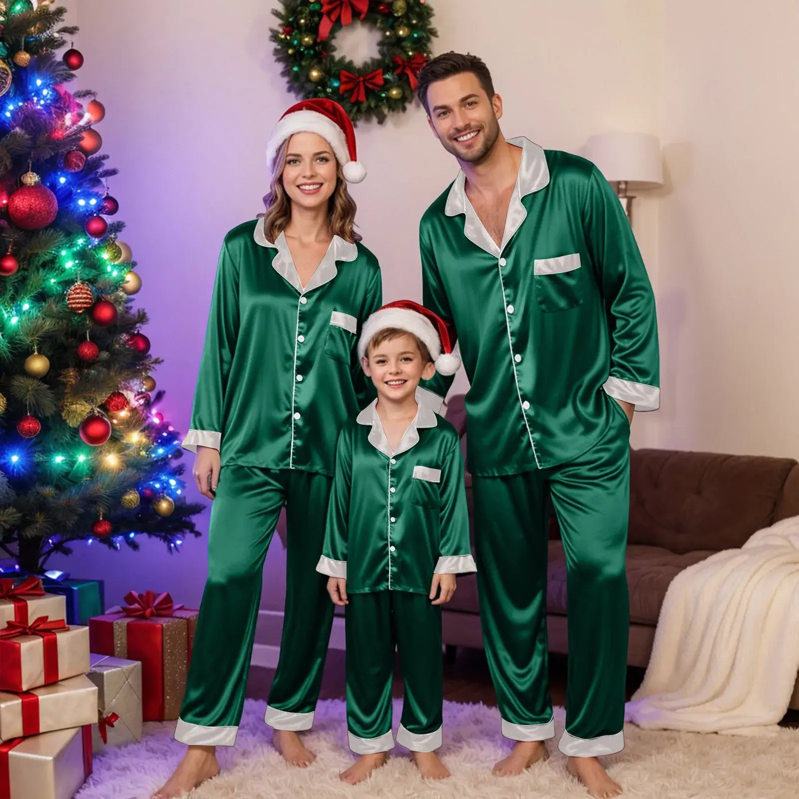 Silk satin matching family pajama set with long sleeve button-up tops and pants