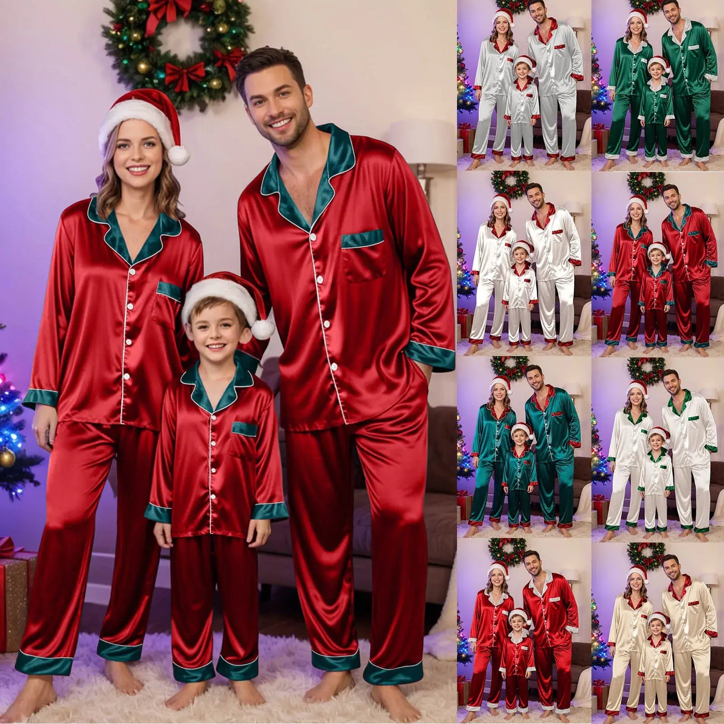 Silk satin matching family pajama set with long sleeve button-up tops and pants