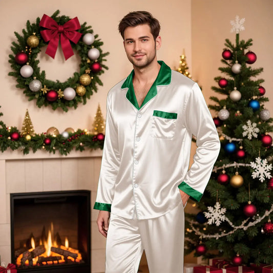 Silk satin matching family pajama set with long sleeve button-up tops and pants