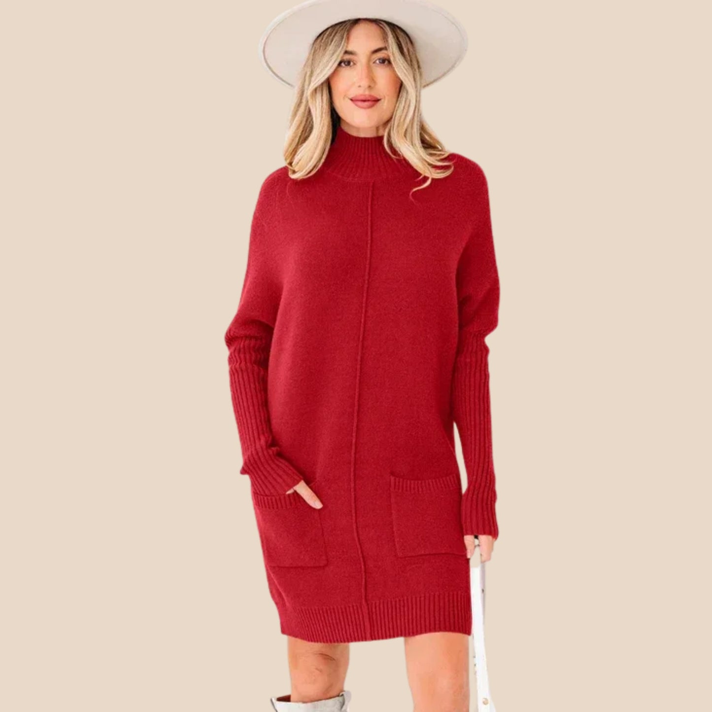 Solid Ribbed Mock Neck Sweater Dress for Women