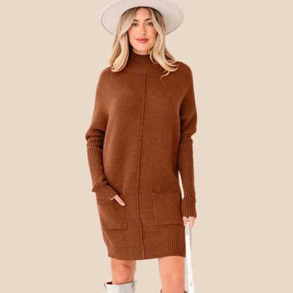 Solid Ribbed Mock Neck Sweater Dress for Women