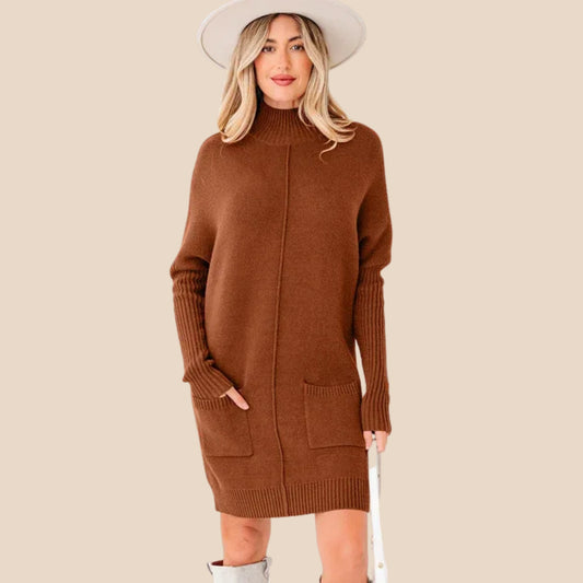 Solid Ribbed Mock Neck Sweater Dress for Women