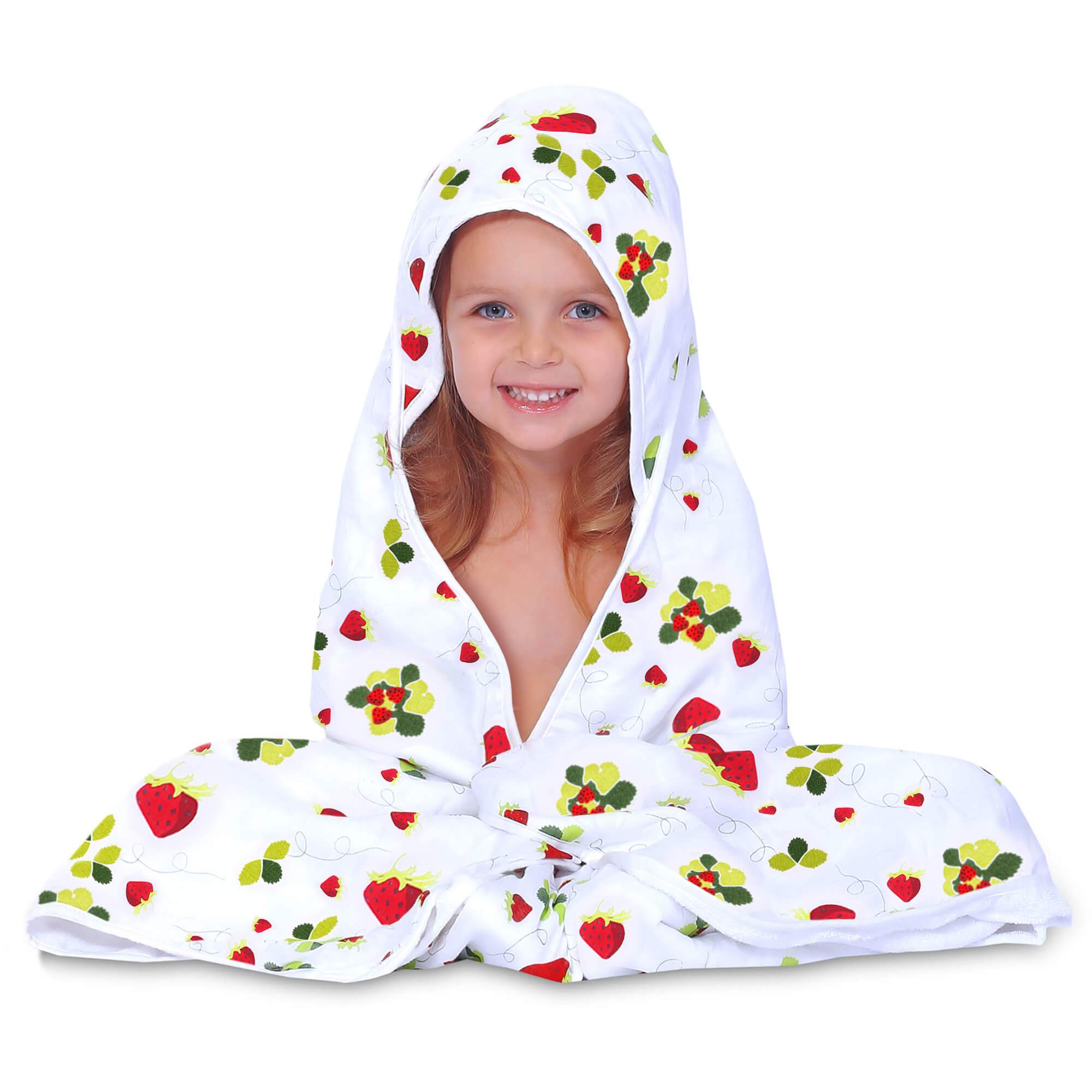 Baby Hooded Towel, Muslin-Backed, Buttery Soft Terry, Strawberry Print