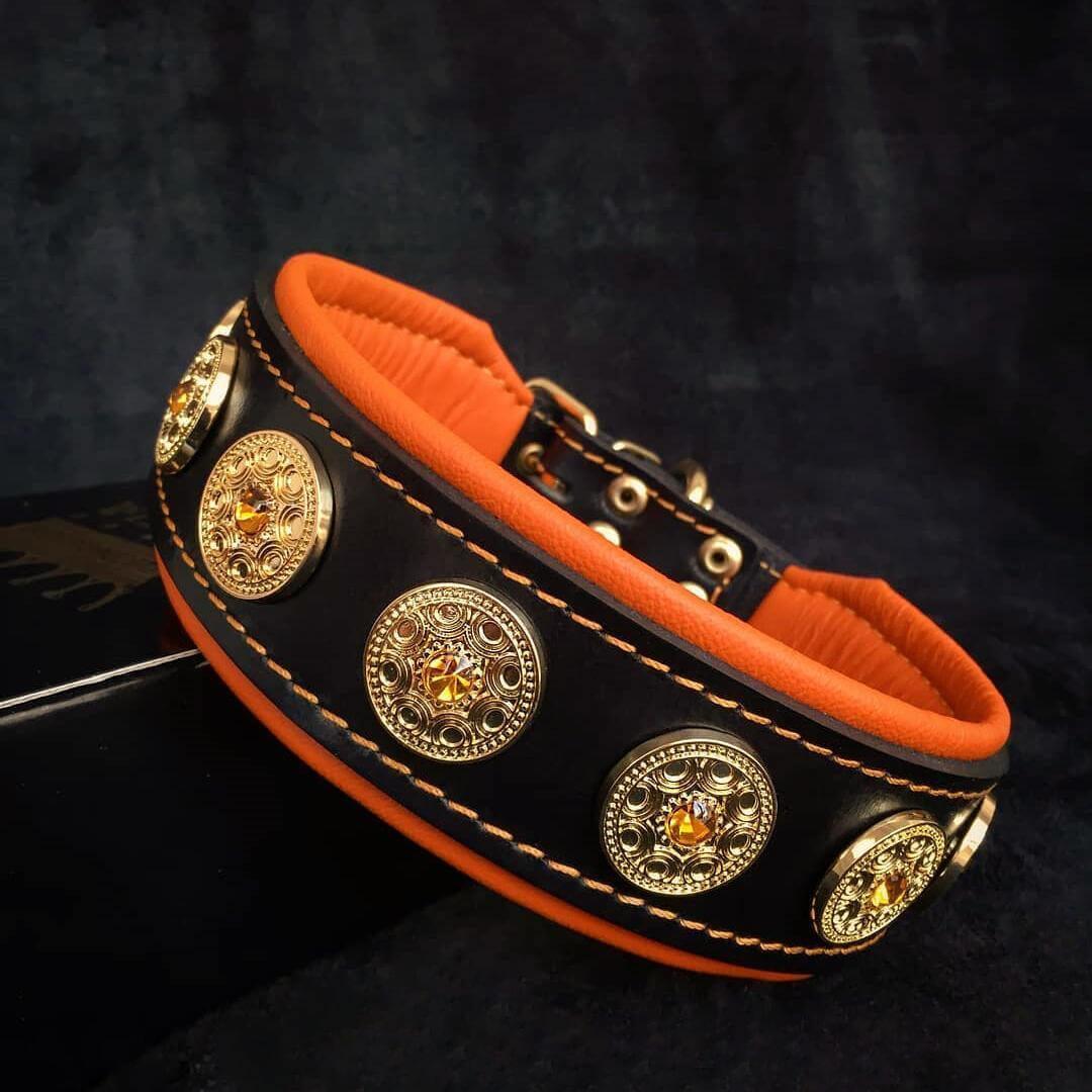 The "Bijou" collar orange Size XL- neck size of 22.6- 25.6 inch (57.5- 65 cm) / Set-Collar&Leash