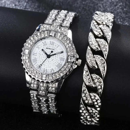 Diamond Crystals Watch and Bracelet Set 2Pieces Set Sliver B