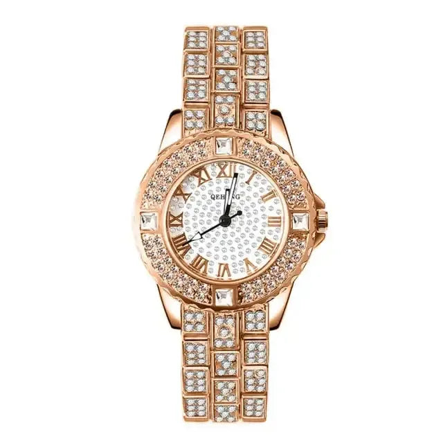 Diamond Crystals Watch and Bracelet Set 1Piece Rose Gold Watch B