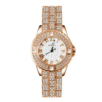 Diamond Crystals Watch and Bracelet Set 1Piece Rose Gold Watch B