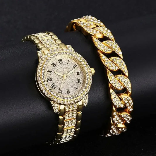 Diamond Crystals Watch and Bracelet Set 1Piece Gold Watch A