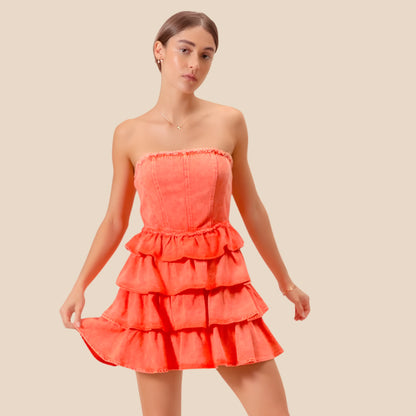 Women's Orange Ruffle Dress, Strapless Layered Game Day Dress