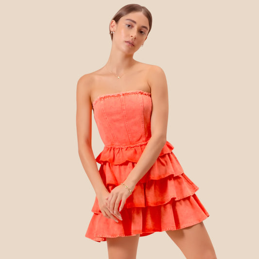 Women's Orange Ruffle Dress, Strapless Layered Game Day Dress