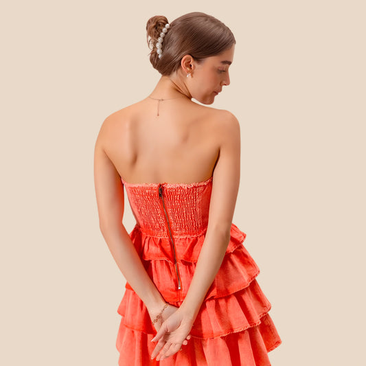 Women's Orange Ruffle Dress, Strapless Layered Game Day Dress
