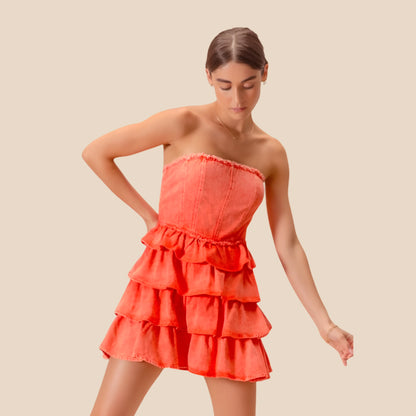 Women's Orange Ruffle Dress, Strapless Layered Game Day Dress