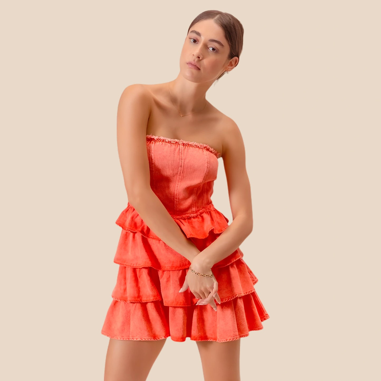Women's Orange Ruffle Dress, Strapless Layered Game Day Dress