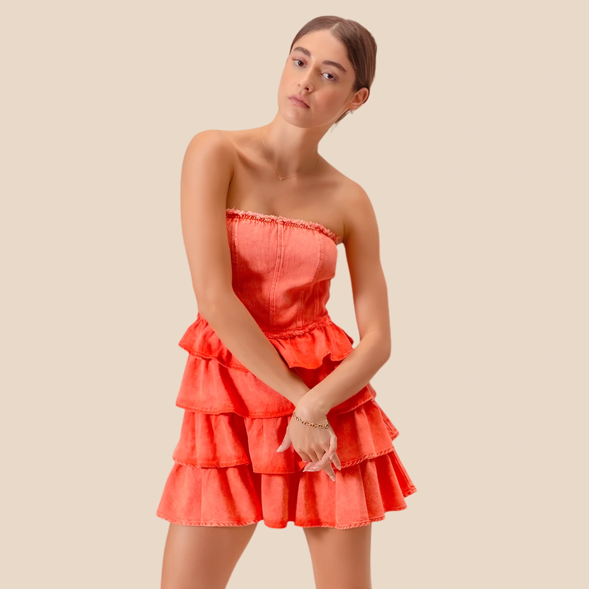 Women's Orange Ruffle Dress, Strapless Layered Game Day Dress