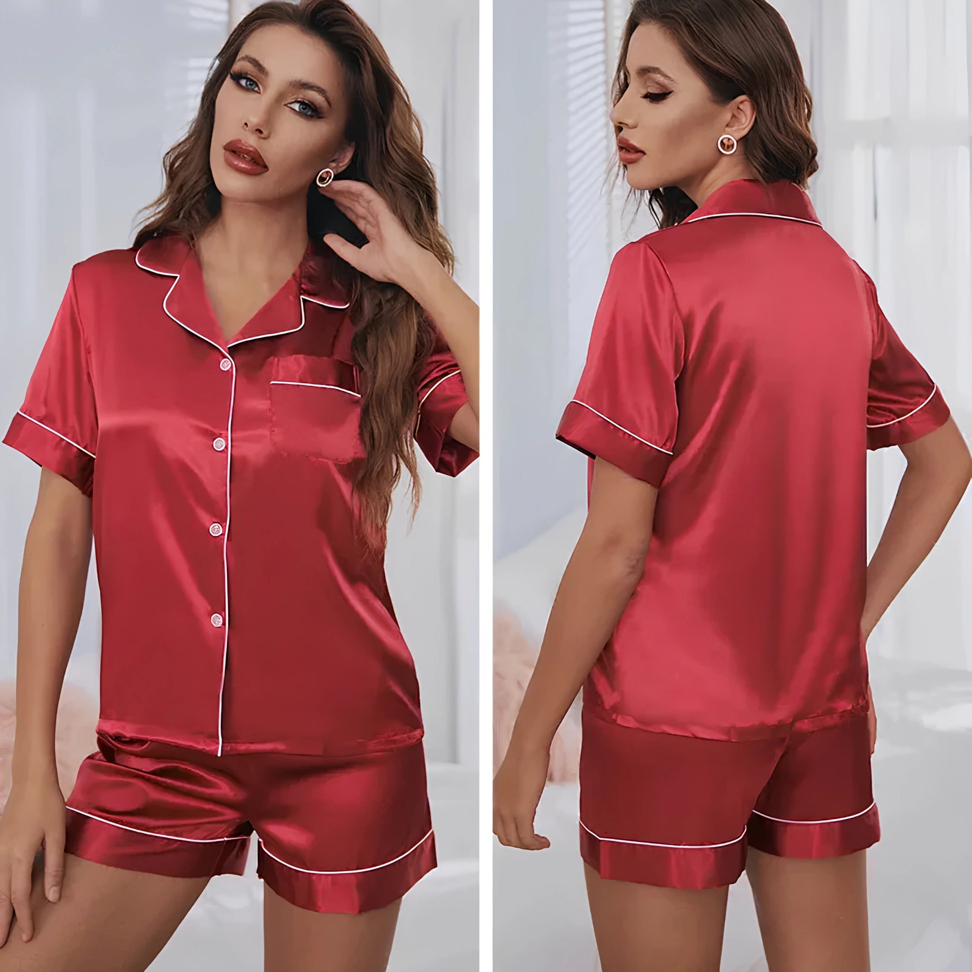 Women's Short Sleeve Satin Pajama Set with lightweight, silky fabric