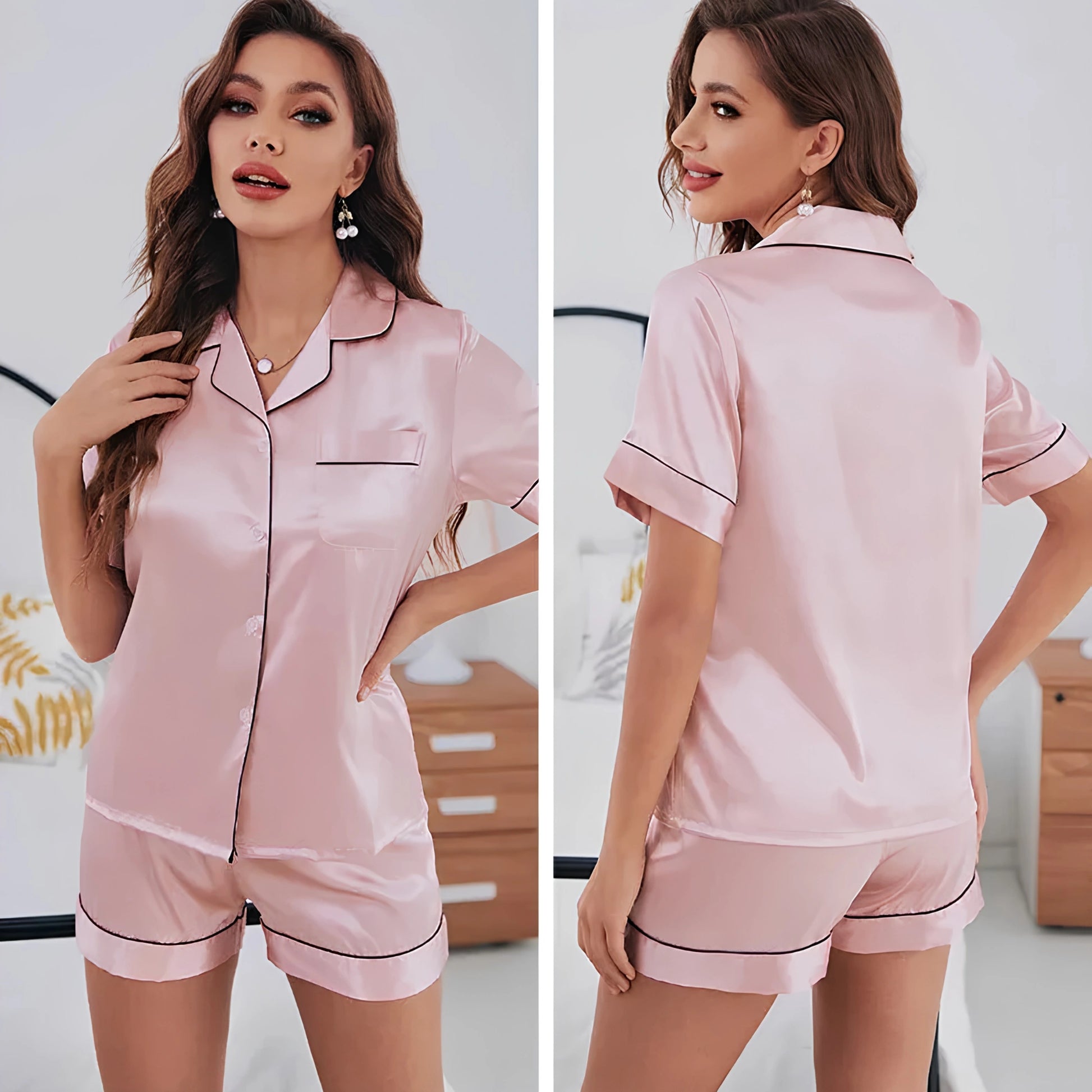 Women's Short Sleeve Satin Pajama Set with lightweight, silky fabric