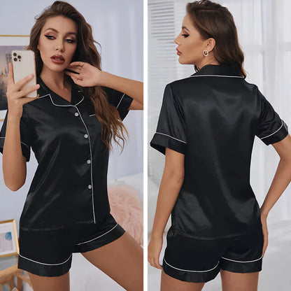 Women's Short Sleeve Satin Pajama Set with lightweight, silky fabric