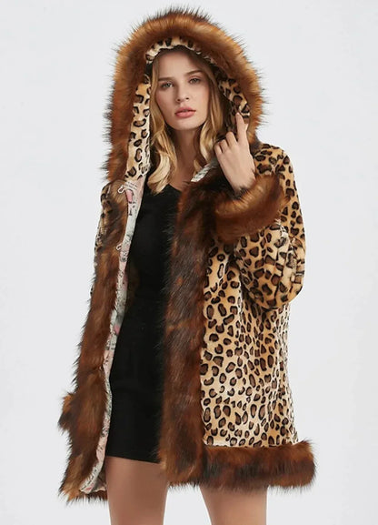 Womens Leopard Print Hooded Faux Fur Collar Jacket XS / Brown