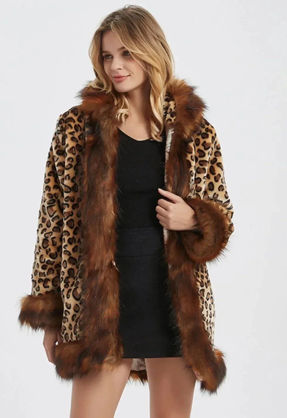 Womens Leopard Print Hooded Faux Fur Collar Jacket XS / Brown