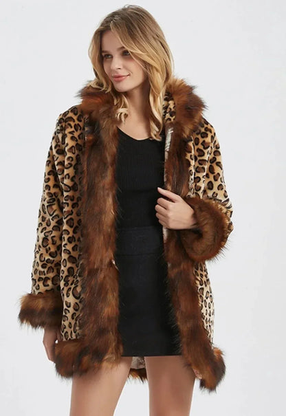 Womens Leopard Print Hooded Faux Fur Collar Jacket XS / Brown