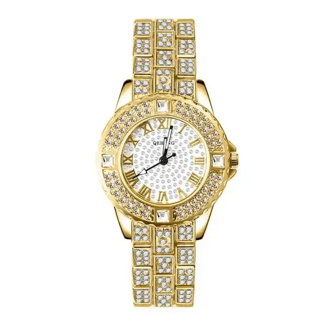 Diamond Crystals Watch and Bracelet Set 1Piece Gold Watch B