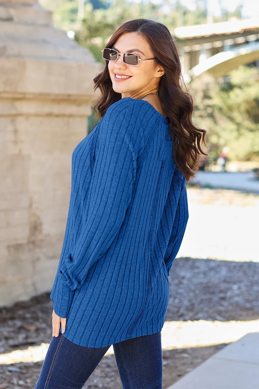 Basic Bae Full Size Ribbed Round Neck Long Sleeve Knit Top Royal Blue / S