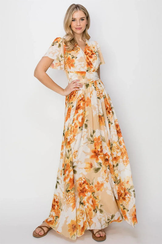 HYFVE Floral Tie Back Short Sleeve Slit Maxi Dress ORANGE / S