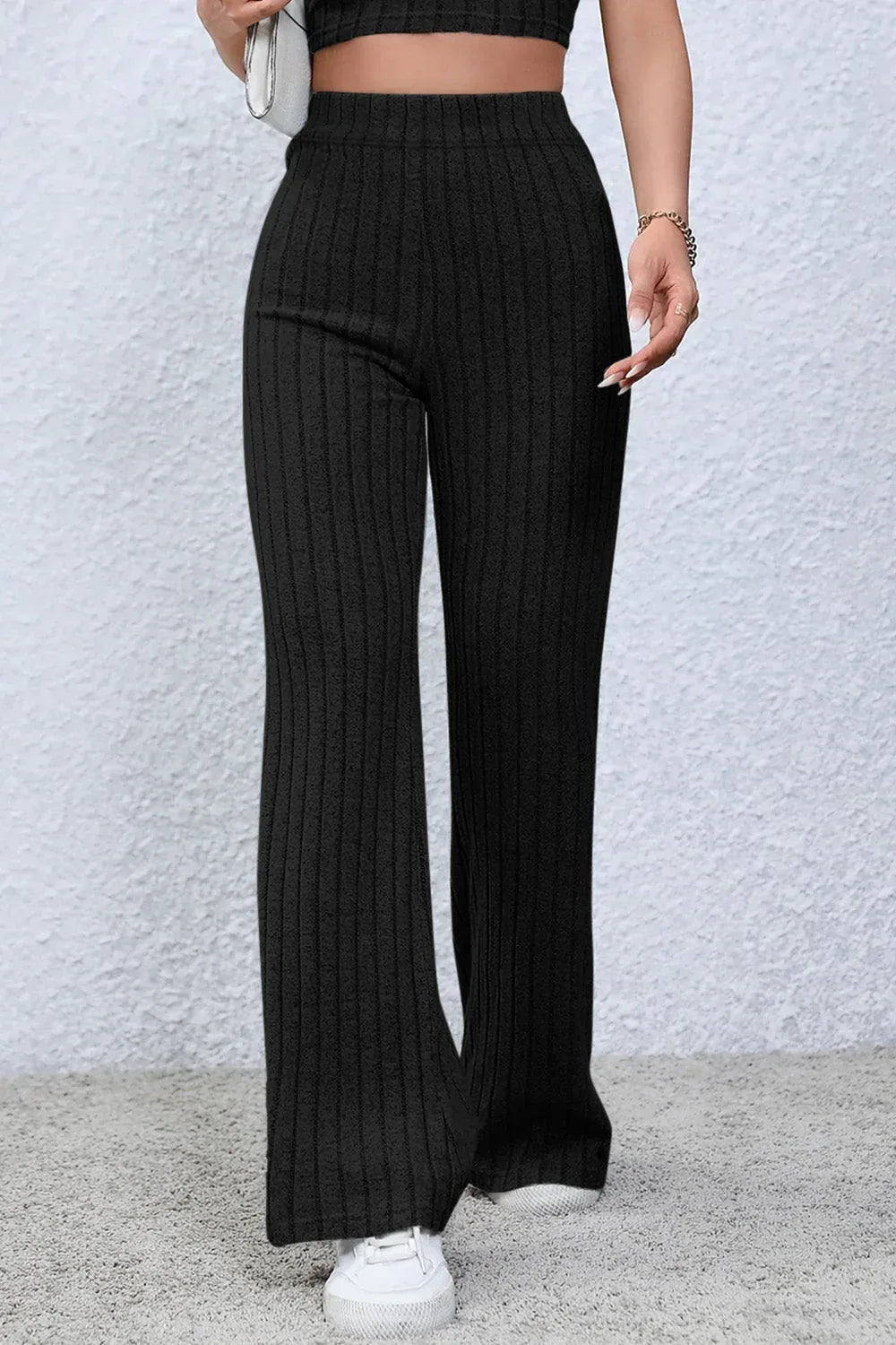 Basic Bae Full Size Ribbed High Waist Flare Pants Black / S