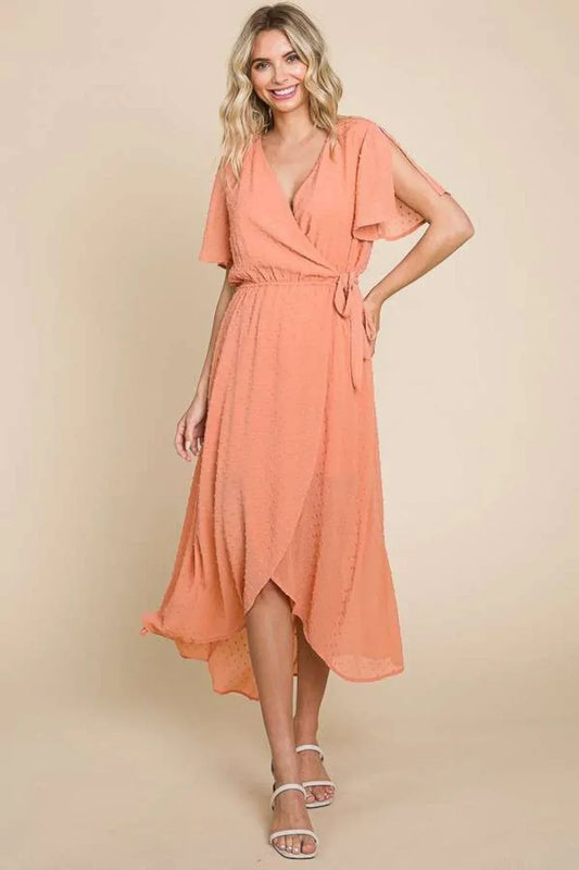 Culture Code Full Size Swiss Dot Tied Slit Short Sleeve Dress COCOA / S
