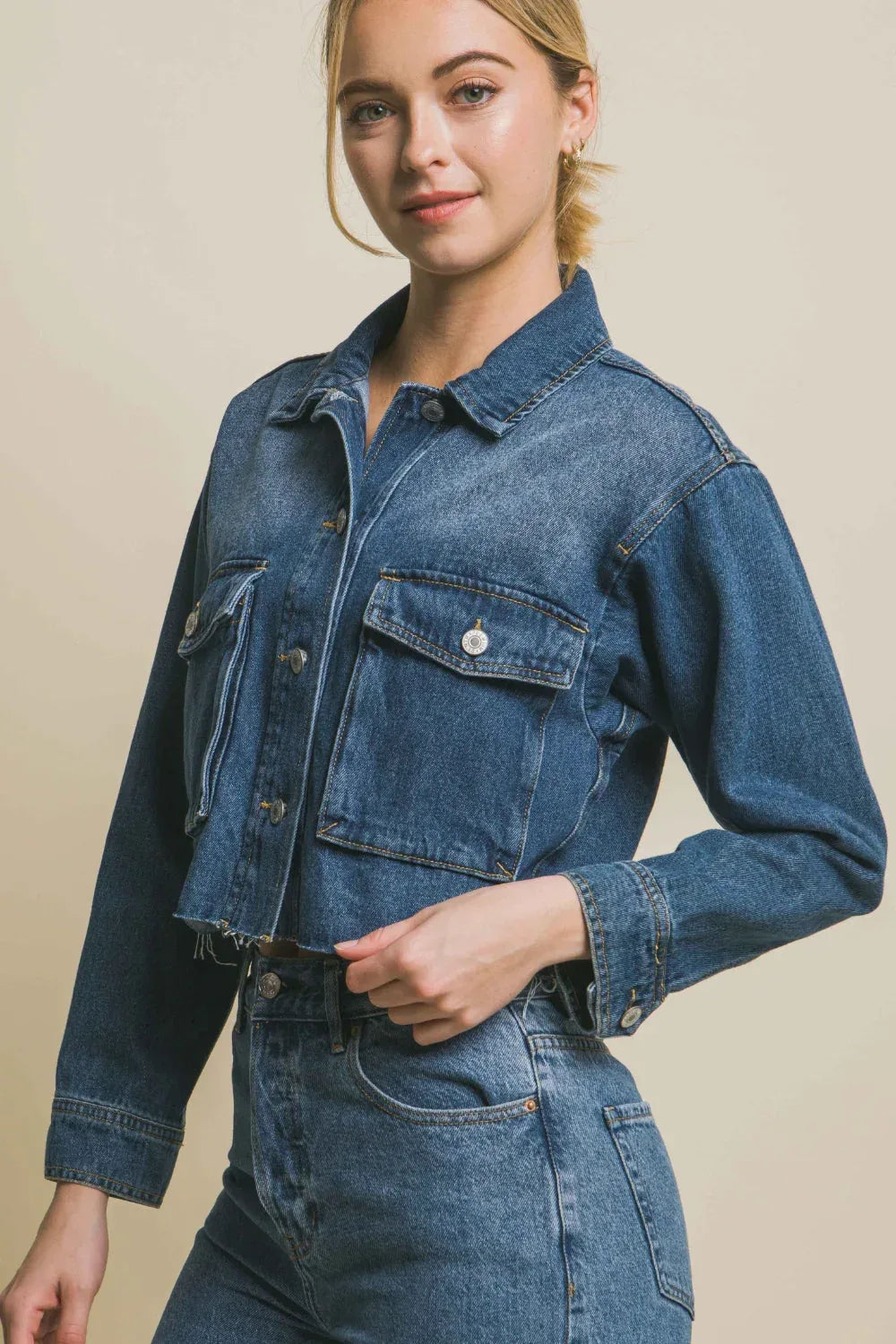 LOVE TREE Raw Hem Button Up Cropped Denim Jacket BLUE / S