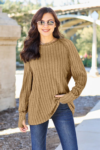 Basic Bae Full Size Ribbed Round Neck Long Sleeve Knit Top Royal Blue / S