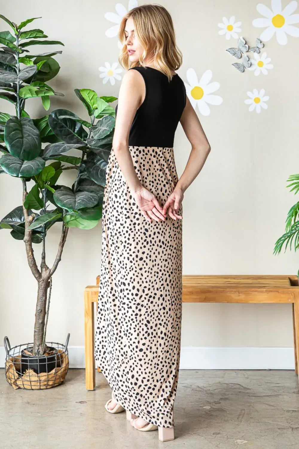 Heimish Full Size Slit Animal Print V-Neck Wide Strap Dress Khaki/Black / S