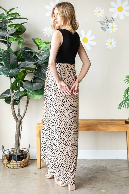 Heimish Full Size Slit Animal Print V-Neck Wide Strap Dress Khaki/Black / S