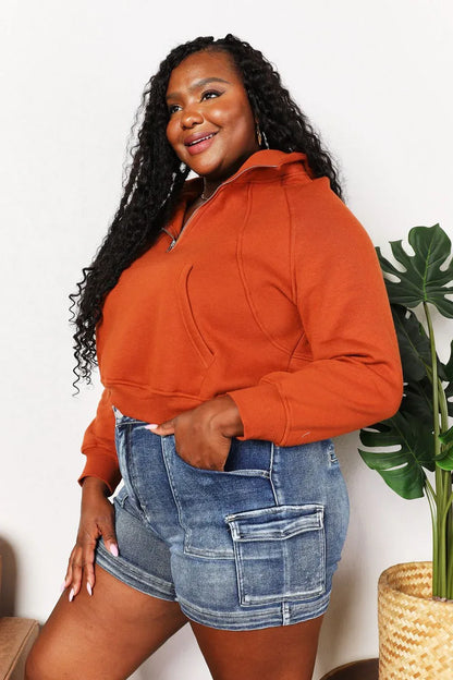 Double Take Half-Zip Long Sleeve Hoodie Ochre / S