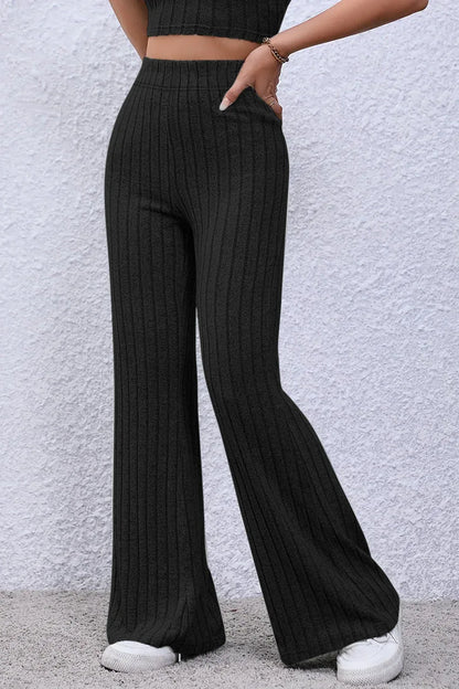 Basic Bae Full Size Ribbed High Waist Flare Pants Black / S