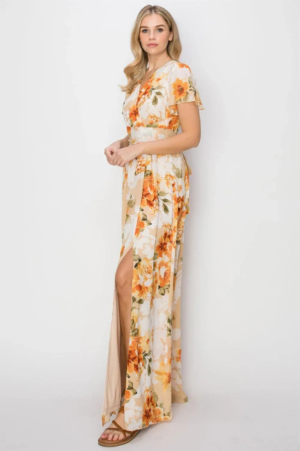 HYFVE Floral Tie Back Short Sleeve Slit Maxi Dress ORANGE / S