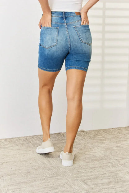 Judy Blue Full Size Tummy Control Double Button Bermuda Denim Shorts Medium / S