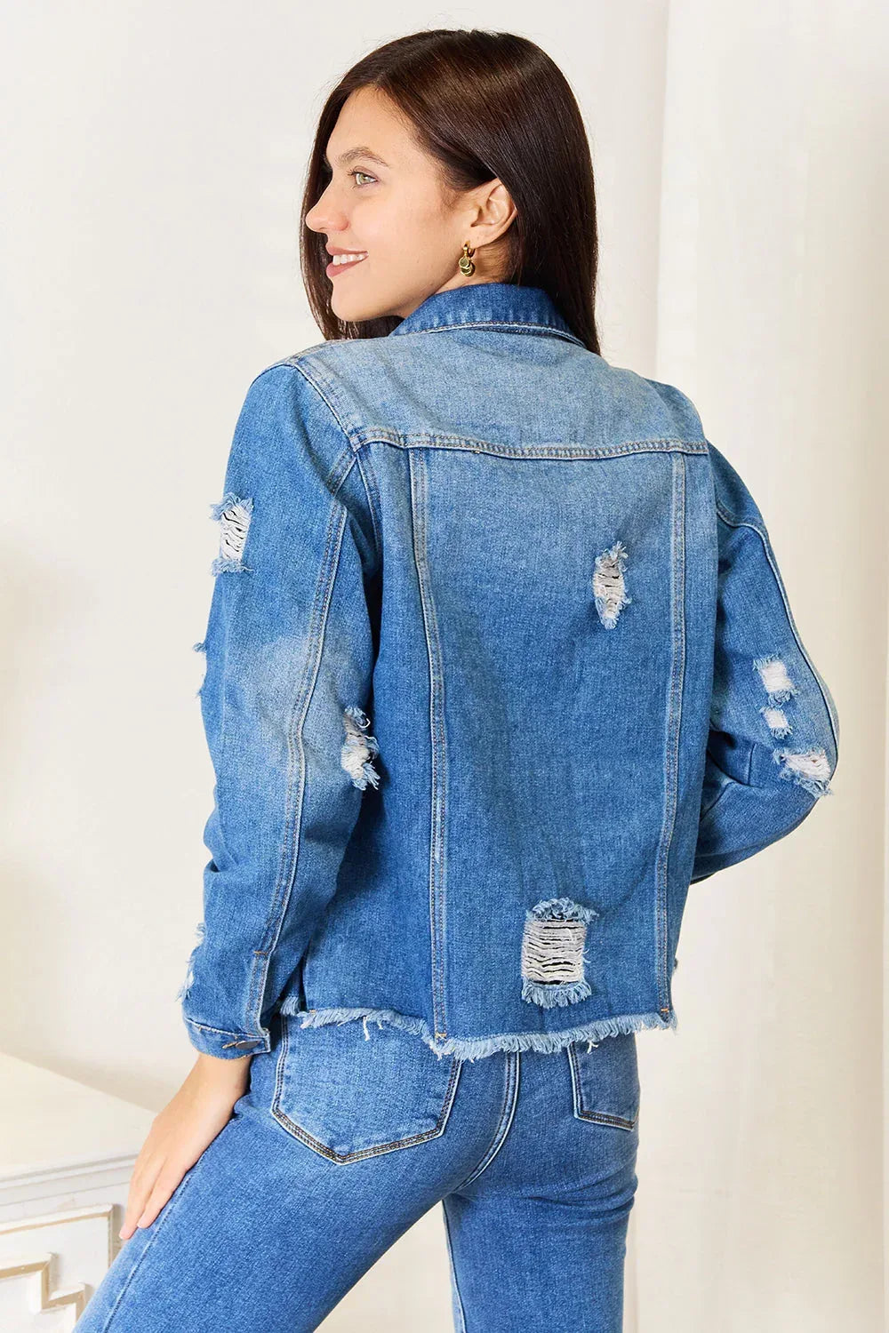 Baeful Leopard Floral Distressed Raw Hem Denim Jacket Leopard / S