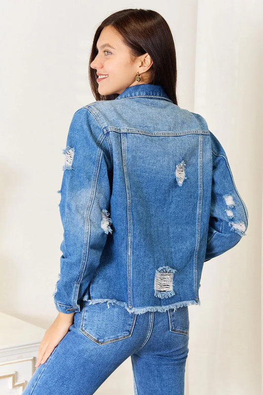 Baeful Leopard Floral Distressed Raw Hem Denim Jacket Leopard / S