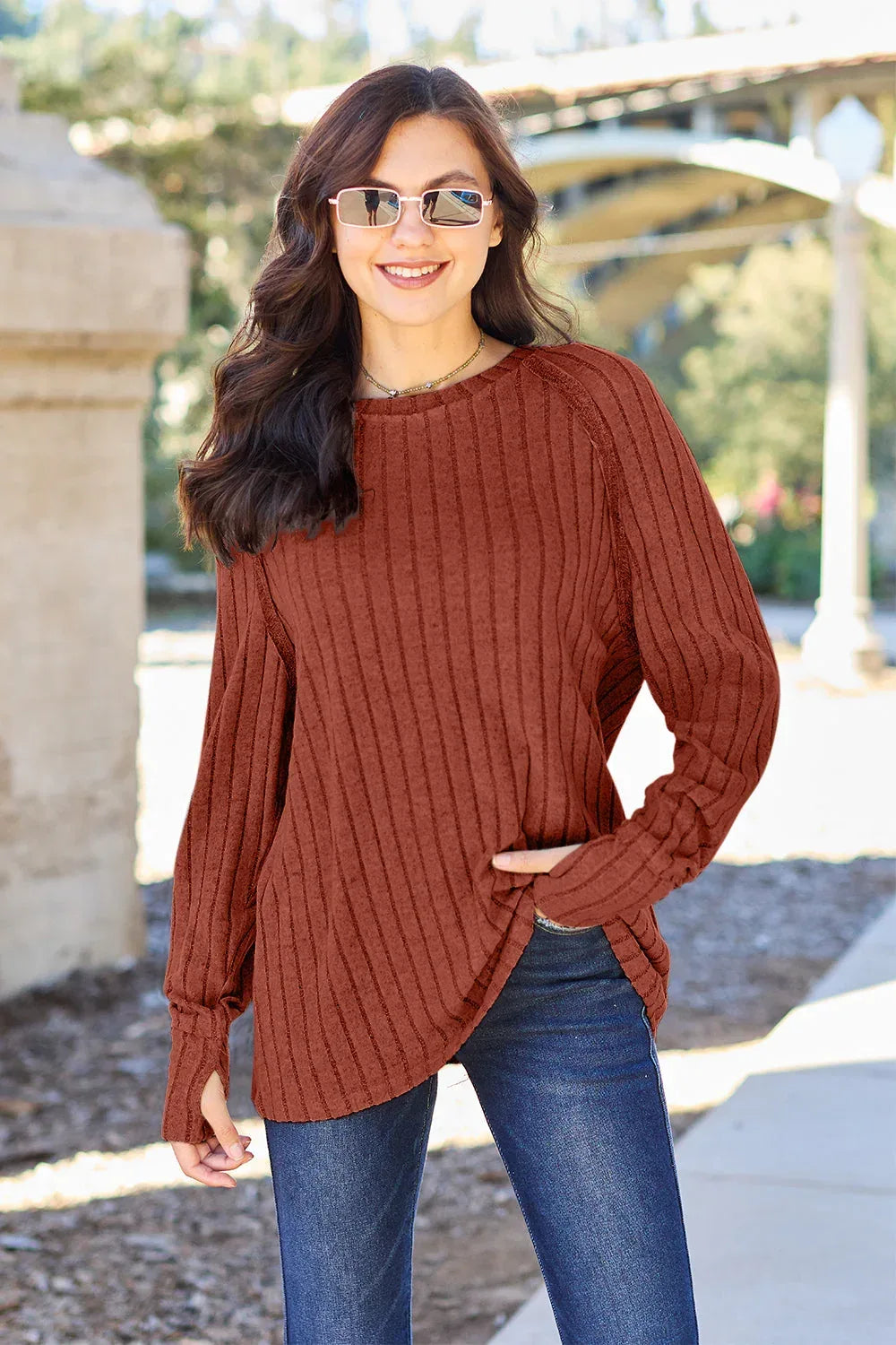 Basic Bae Full Size Ribbed Round Neck Long Sleeve Knit Top Royal Blue / S