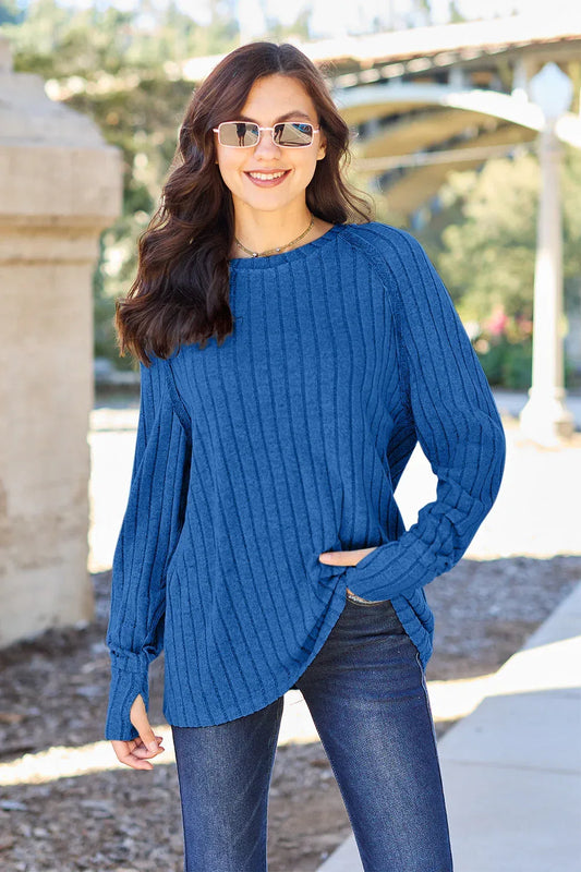 Basic Bae Full Size Ribbed Round Neck Long Sleeve Knit Top Royal Blue / S