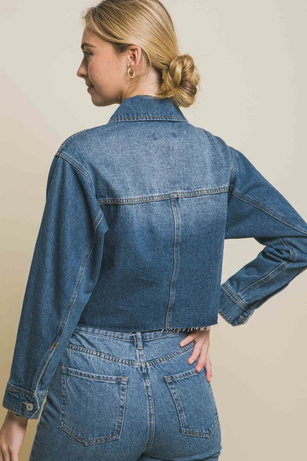 LOVE TREE Raw Hem Button Up Cropped Denim Jacket BLUE / S