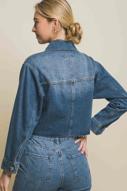 LOVE TREE Raw Hem Button Up Cropped Denim Jacket BLUE / S