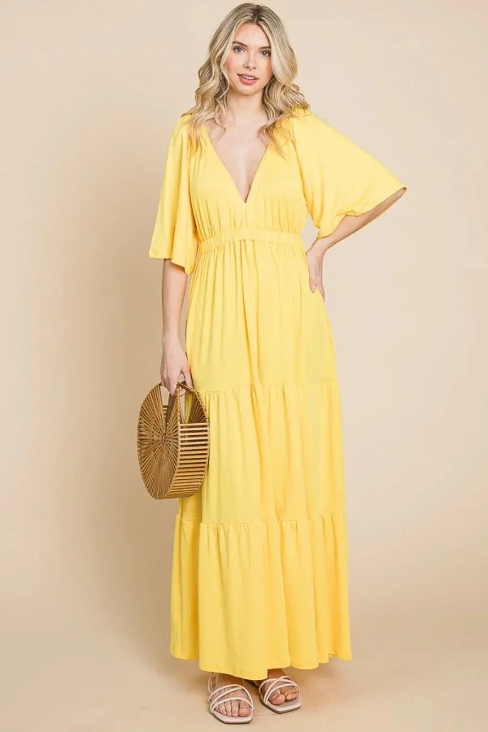 Culture Code Backless Plunge Half Sleeve Tiered Dress LEMONADE / S