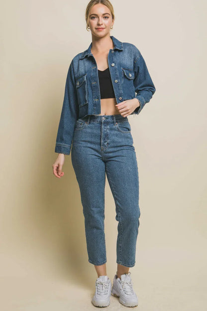 LOVE TREE Raw Hem Button Up Cropped Denim Jacket BLUE / S