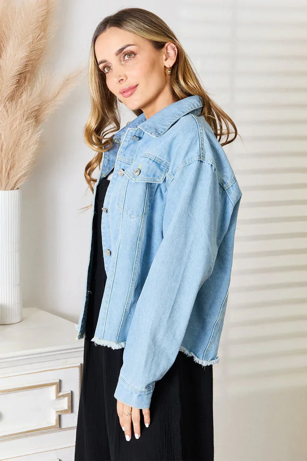 Double Take Dropped Shoulder Raw Hem Denim Jacket Medium / S