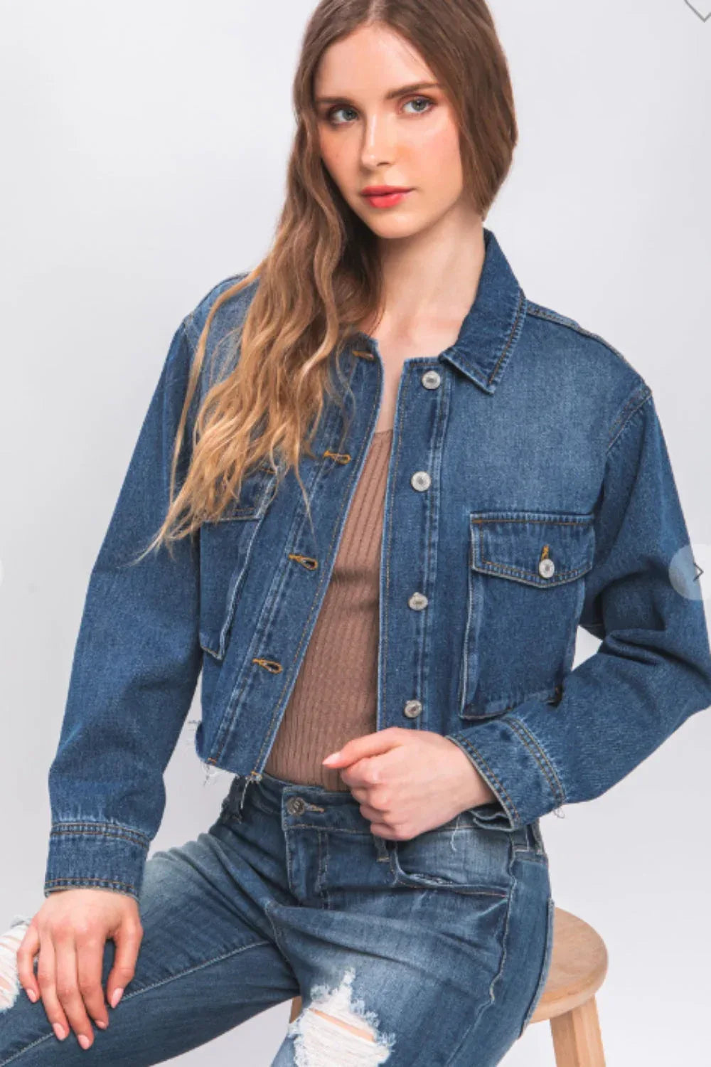 LOVE TREE Raw Hem Button Up Cropped Denim Jacket BLUE / S