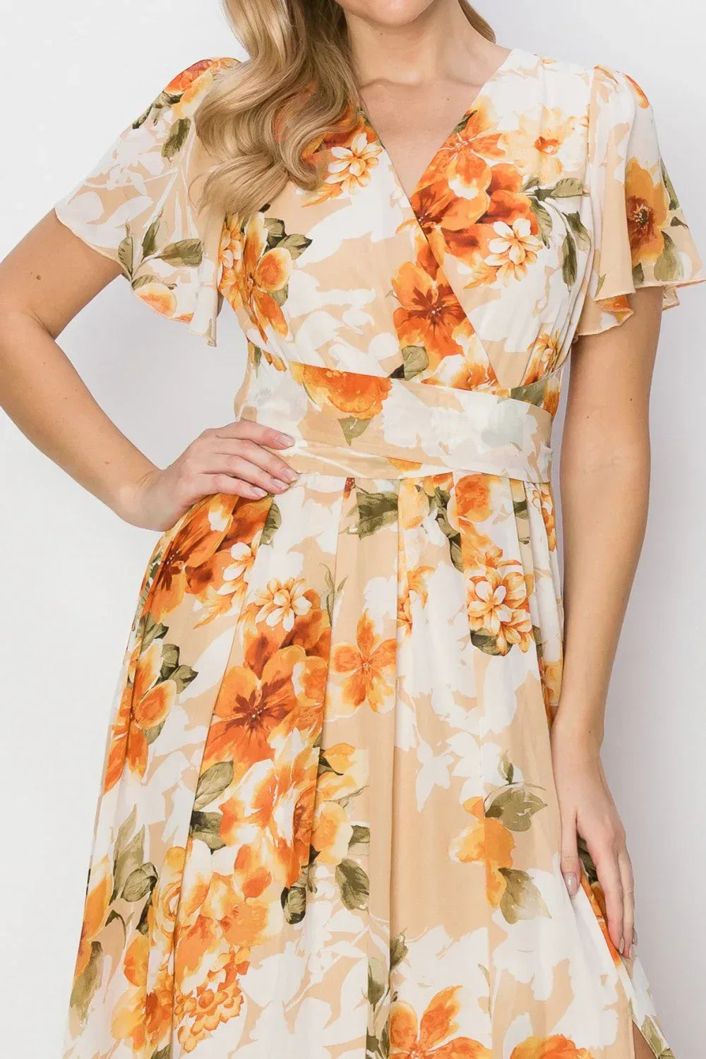 HYFVE Floral Tie Back Short Sleeve Slit Maxi Dress ORANGE / S